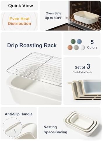 LE TAUCI Ceramic Casserole Dish Set of 3, White