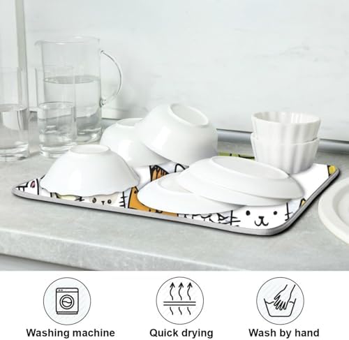 OTVEE Colorful Cat Art Dish Drying Mat for Kitchen Counter Absorbent