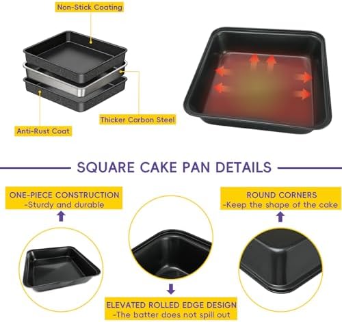 8x8 Non-Stick Square Baking Pan 2PC with Silicone Scraper & Oil Brush