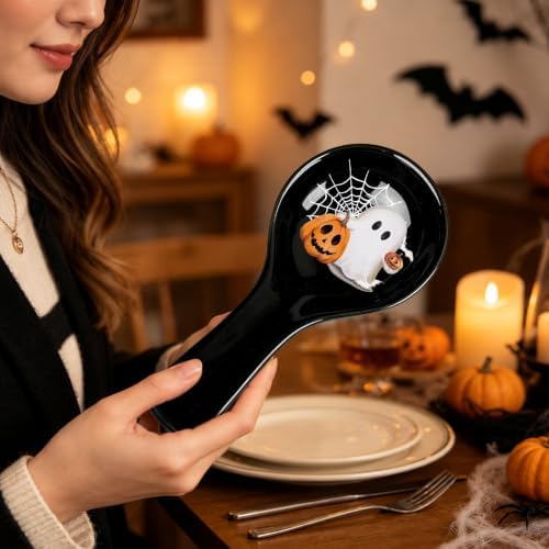 Whaline 9.4 Inch Halloween Spoon Rest, Ghost Pumpkin, Black