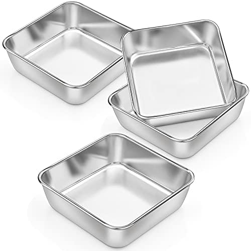 P&P CHEF Square 6x6 Baking Cake Pan, 4 Pcs Stainless Steel Brownie Pan