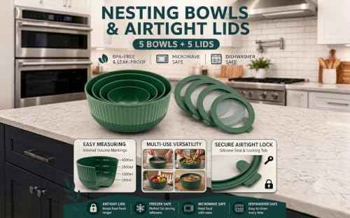 Plastic Mixing Bowls with Lids, 8-Piece Airtight Leak-Proof Nesting