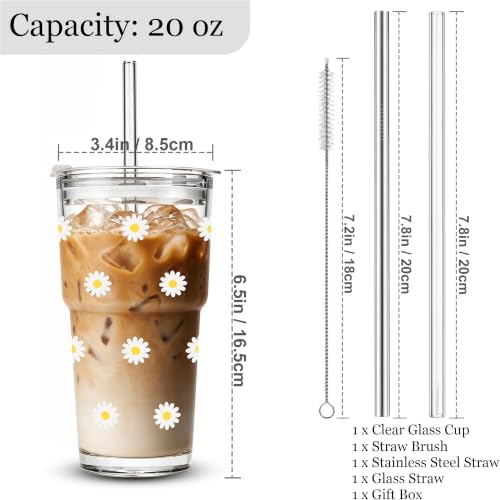 Cute Glass Cups with Lid and Straws, 20oz, Reusable Iced Coffee Cup