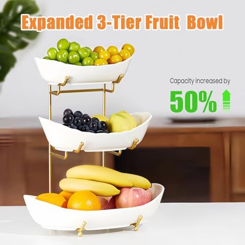 3 Tier Fruit Basket, Ceramic Fruit Bowl for Kitchen Counter