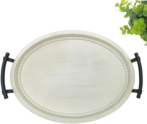 Oval Rustic Wooden Decorative Tray, Serving Tray with Metal Handles