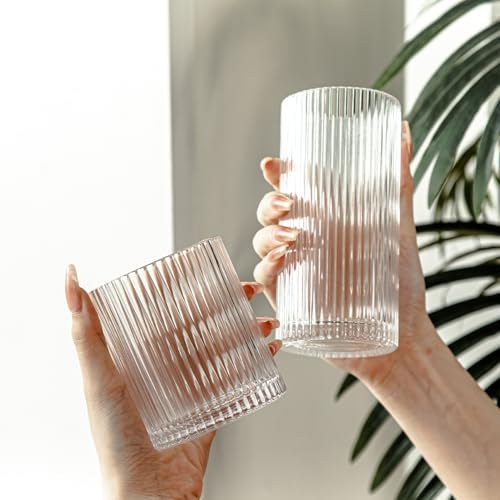 Highball Glasses Set of 8 - Vintage Ribbed Glassware for Iced Coffee