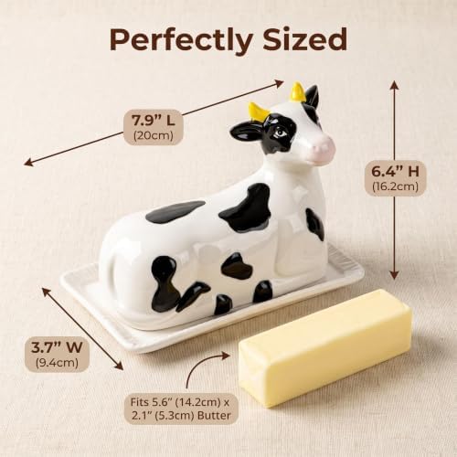 Ceramic Butter Dish with Lid Hand-Painted Cow Farmhouse Design