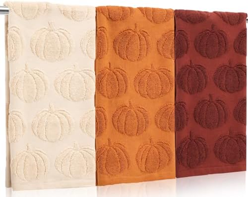 Whaline 3 Pcs Fall Hand Towel Beige Orange Brown 3D Pumpkin Jacquard