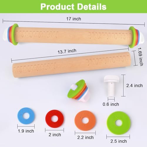Wood Rolling Pin with Thickness Rings, Adjustable Wooden Rolling Pins