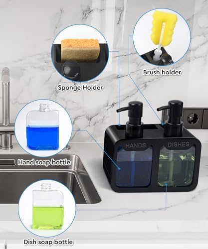 Kitchen Hand and Dish Soap Dispenser Set with Sponge Caddy, Black