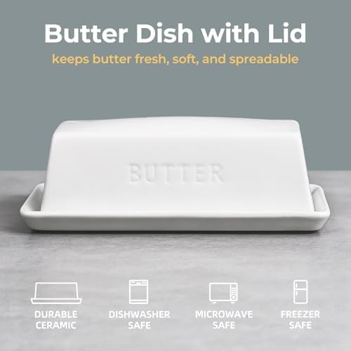 Ceramic Butter Dish with Lid, Butter Keeper Tray, White, 7.5x3.7x2.7