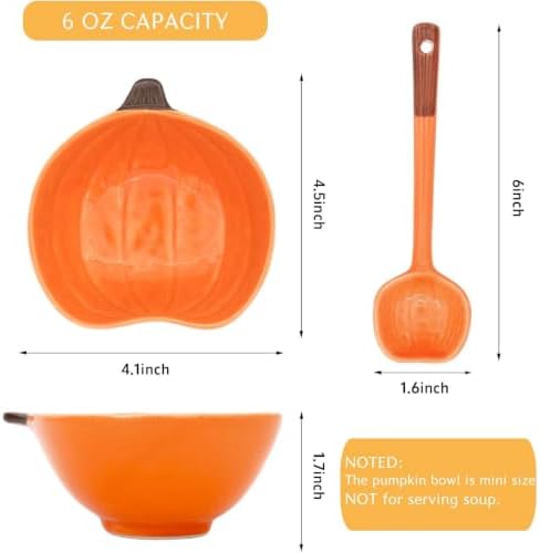 Orange Pumpkin Bowls Spoon, 6 oz Fall Ceramic Ramekins, Set of 6