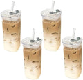 Square Glass Cups with Lids and Straws, 4Pcs Temperature Resistant