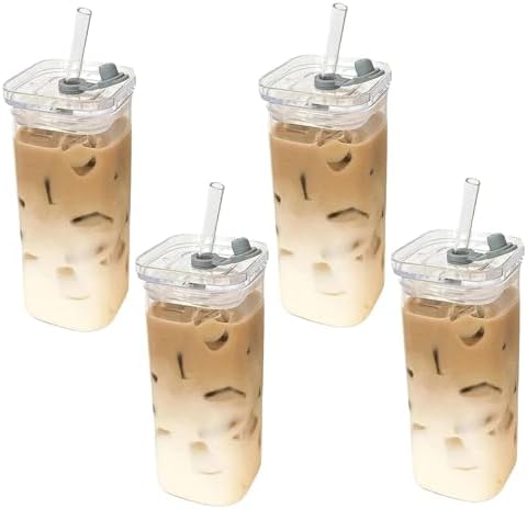 Square Glass Cups with Lids and Straws, 4Pcs Temperature Resistant