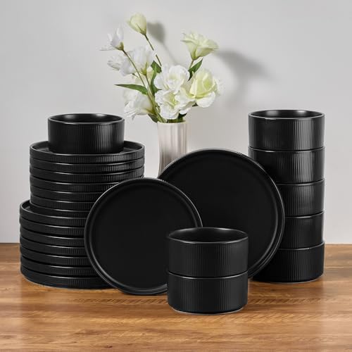 E-far 24-Piece Stoneware Dinnerware Sets, Plates and Bowls Set for 8, Black