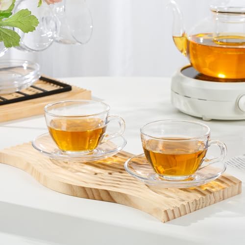 Glass Teacup and Saucer Set, 6 Pack Coffee Mug with Stainless Steel