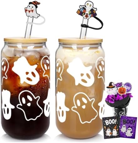 2-Pack Halloween Ghost Glass Cups with Lids& Straws, Boo Basket