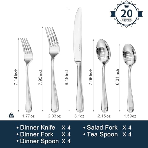 Silverware Set for 4, 20 Piece Stainless Steel Flatware Cutlery