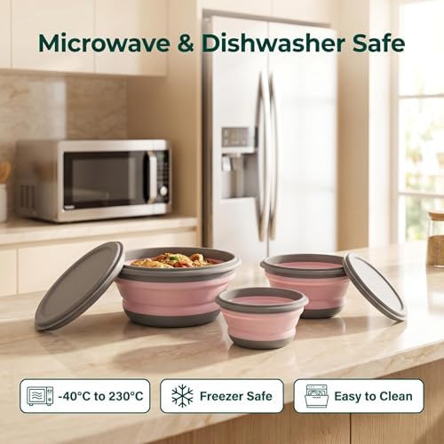 Collapsible Silicone Bowls with Lids, 3 Pack Food Grade Foldable