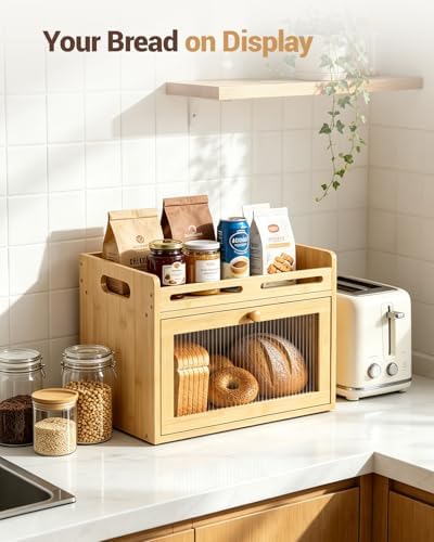Bread Box for Kitchen Countertop, Bamboo Storage Container with Top Shelf