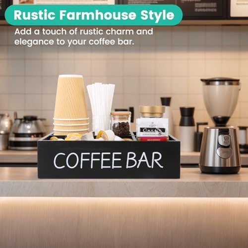 Coffee Bar Organizer, Wooden Coffee Station with 4 Compartments