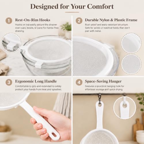 Skyley 3 Pcs Plastic Nylon Mesh Kefir Fine Strainer Set, 3 In, 4 In