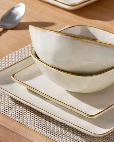 Famiware Square Plates and Bowls Sets, 12pcs Stoneware Dinnerware Set