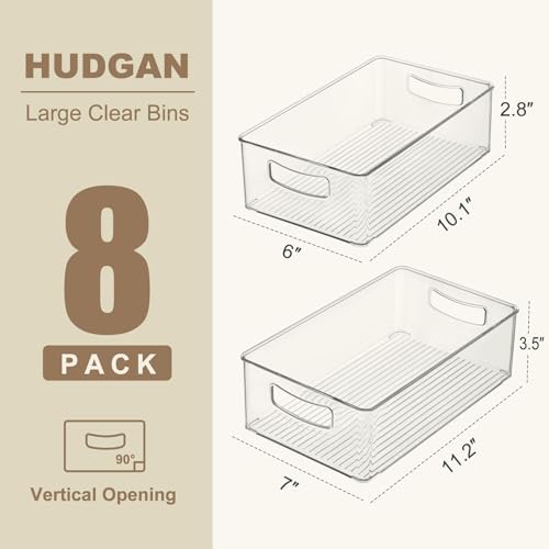 Hudgan Clear Storage Bins 8 Packs for Refrigerator, 4 Large Stackable Pantry Organizer Bins and 4 Medium Storage Plastic Containers for Home Edit, Kitchen, Freezer, Bathroom, Drawers, Shelves
