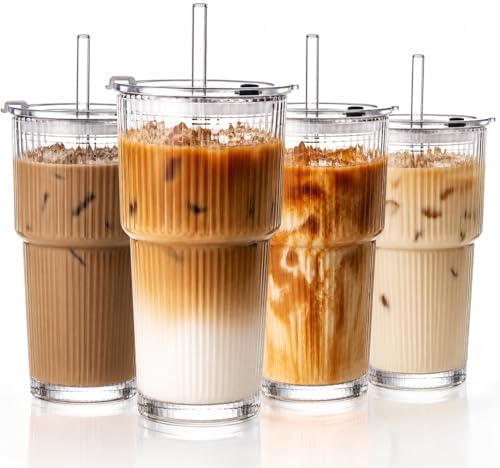 20oz Iced Coffee Cups with Lids, Ribbed Glass Cups with Lids and