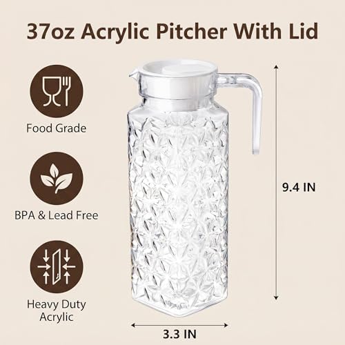 Peohud 2 Pack Acrylic Pitchers, 37oz Clear Plastic Pitcher with