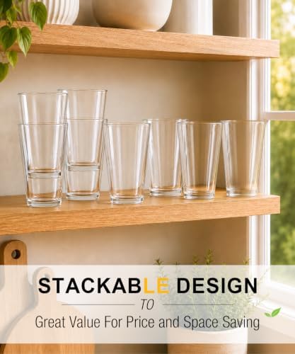 16oz Drinking Glasses Set of 8, Stackable Heavy Base Water Glass Cups