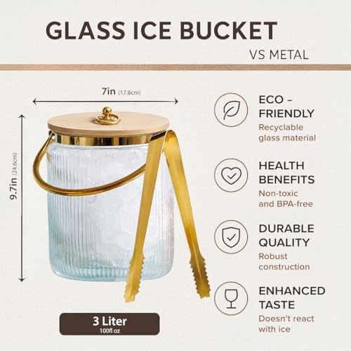 Le'raze Glass Ice Bucket with Airtight Lid, Tong Scooper and Handle