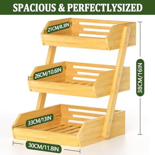 Bamboo 3 Tier Fruit Basket, Ventilated Countertop Kitchen Storage, Holds Fruits, Vegetables & Snacks, Sturdy Wooden Organizer, Simple Assembly