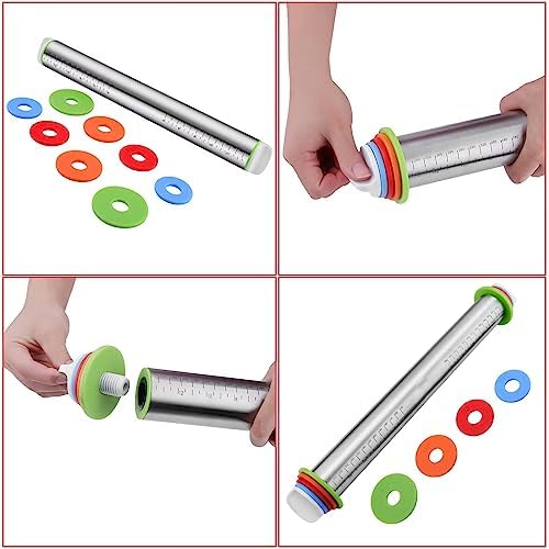 Stainless Steel Rolling Pin and Silicone Mat Set, Adjustable Thickness