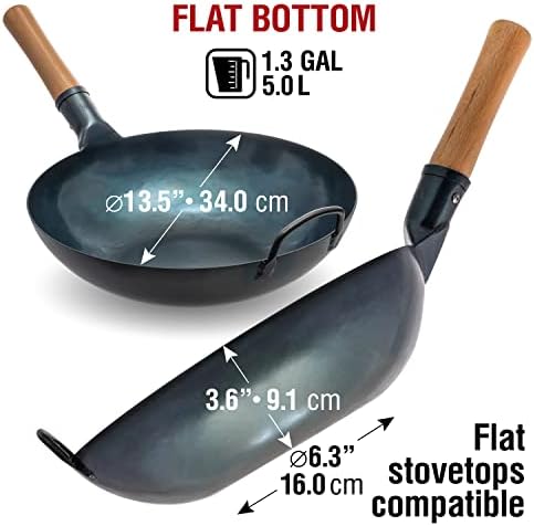 YOSUKATA 13.5" Pre-Seasoned Flat Bottom Blue Carbon Steel Wok for Stir Fry