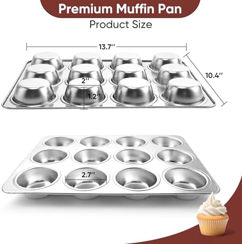 LIANYU 12 Cups Muffin Pan for Baking, 2 Pack Stainless Steel Cupcake