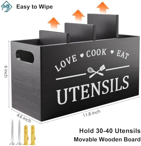 Extra Large Black Wooden Cooking Utensil Holder for Kitchen Countertop