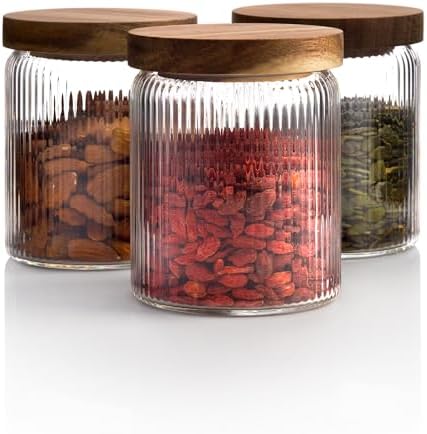 Mason & Fable Ribbed Glass Jar with Wooden Lid 17oz, Set of 3