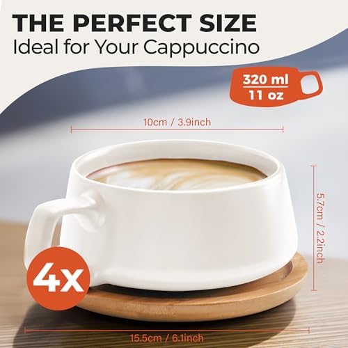 MIAMIO - Cappuccino Cup Set of 4, Ceramic (9.5oz) - Luxe (Cream White)