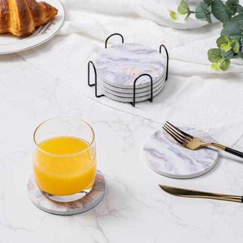 6Pcs Absorbent Coasters Set with Holder,Ceramic Drink Coaster,4 in(A8)