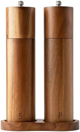 8 Inch Acacia Wooden Salt and Pepper Grinder Set, Refillable