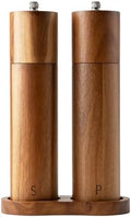 8 Inch Acacia Wooden Salt and Pepper Grinder Set, Refillable
