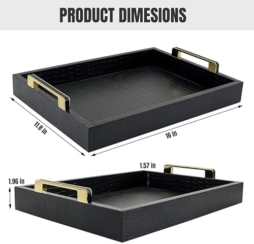 Luxury Faux Leather Serving Tray with Gold Handles, Black, 16x12