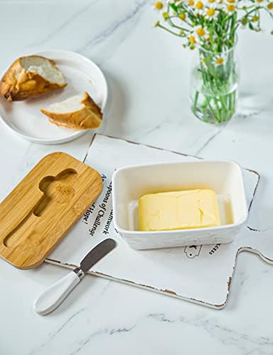 Ceramic Butter Dish with Lid and Knife for Countertop Stone Pattern