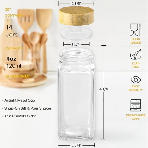 AOZITA 14 Pcs Spice Jars with Bamboo Lids - 4oz Square Spice Bottles