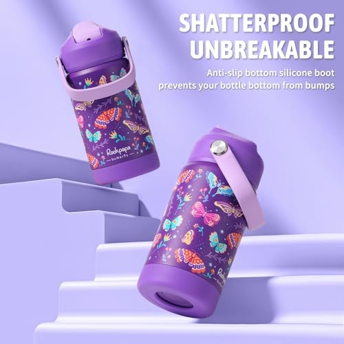 rockpapa 14oz Kids Stainless Steel Water Bottle with Straws, Butterfly
