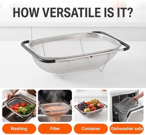 Over the Sink Colander, 6 Quart Stainless Steel Expandable Strainer