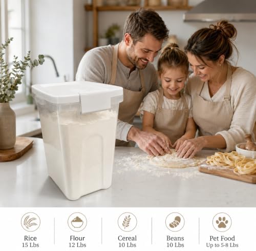 Rice Storage Container 10-15 Lbs, Airtight Flour Dry Food Bin with