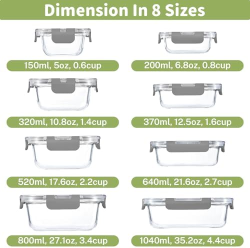 8 Pack Glass Food Storage Containers with Locking Lids