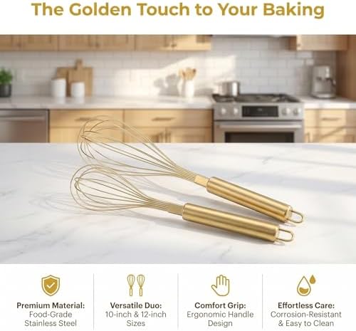 TOYANDONA Stainless Steel Whisk Gold Set of 2-10" 12" Kitchen Egg